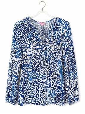 Lilly Pulitzer Willa Indigo Home Slice Long Sleeve Lightweight Resort Wear Tunic